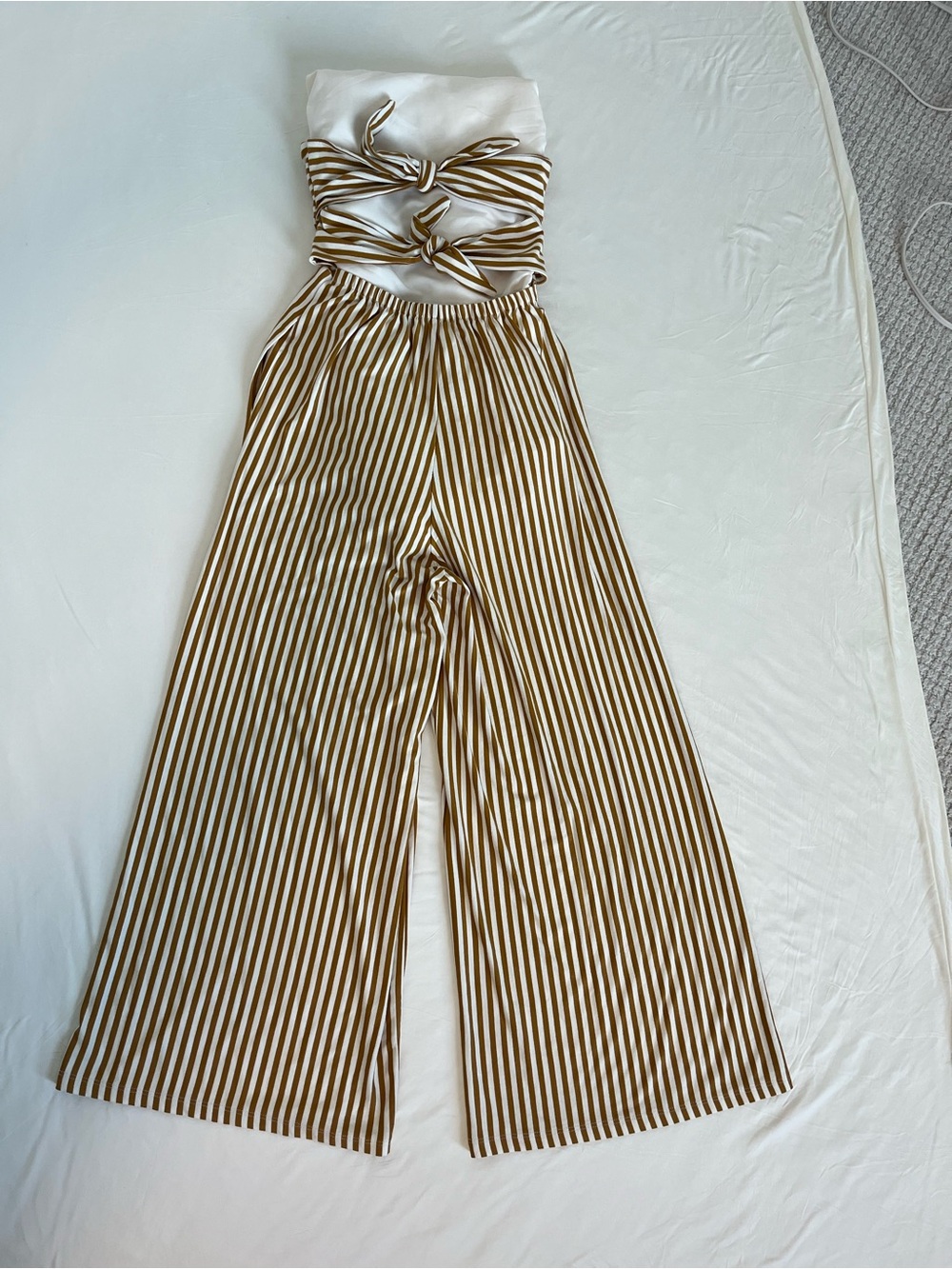 American Eagle Striped Strapless Wide-Leg Jumpsuit in Mustard - Picture 2 of 10